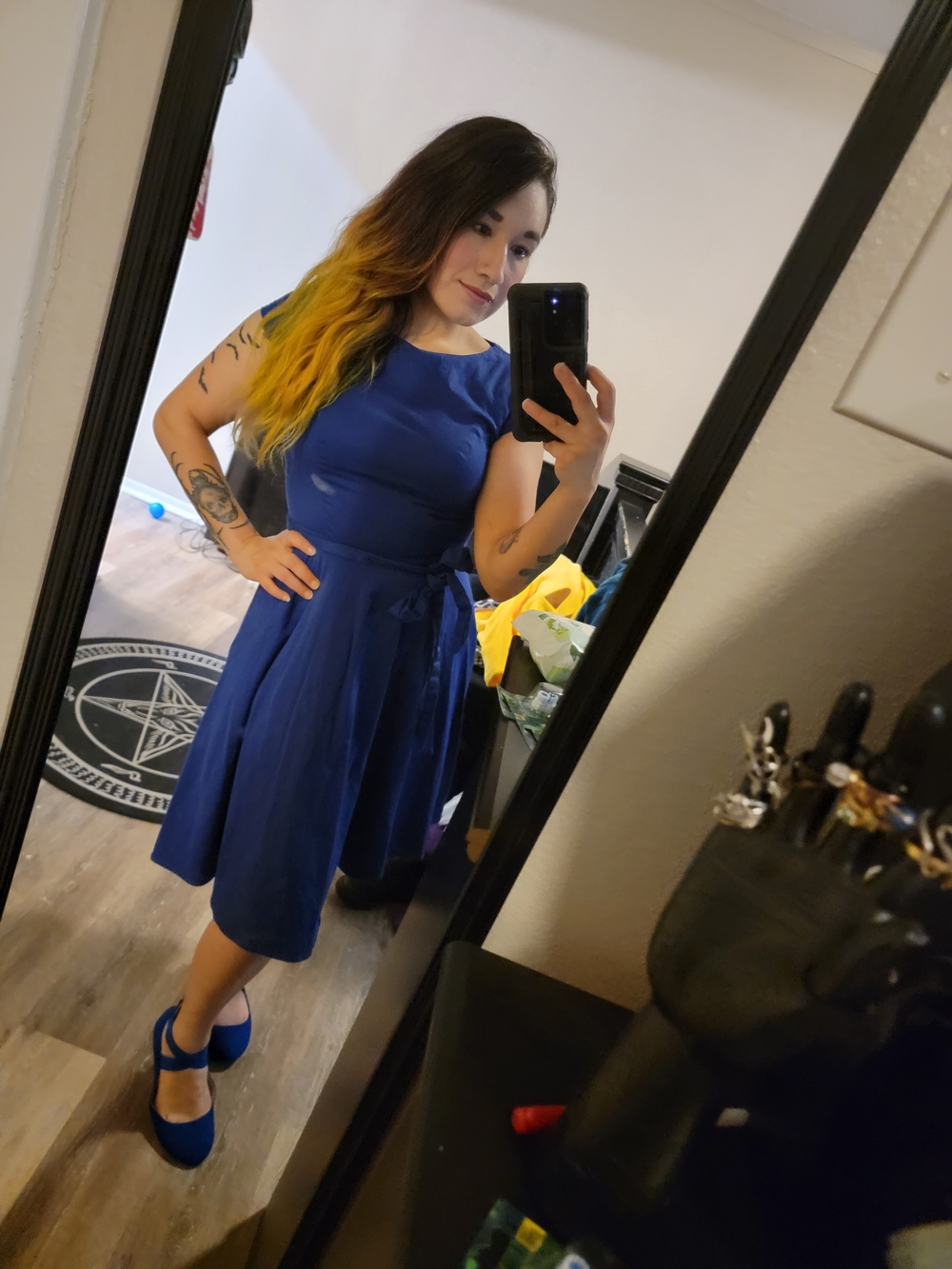 Classic Royal Blue Midi Fit-and-Flare Dress with Waist Tie